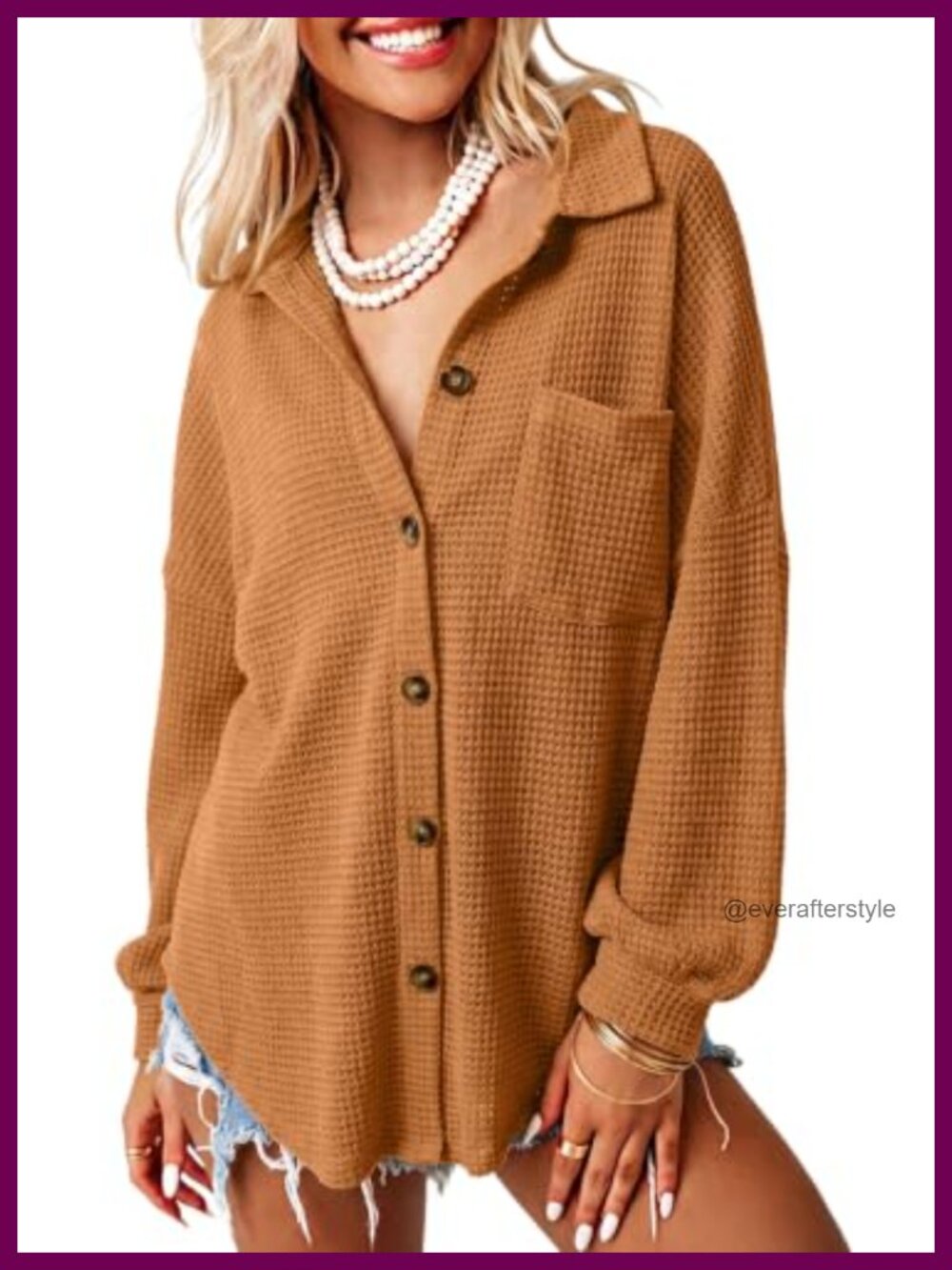 Waffle Knit Shacket Jacket Button Down Shirt Loose Fit Boyfriend Style
